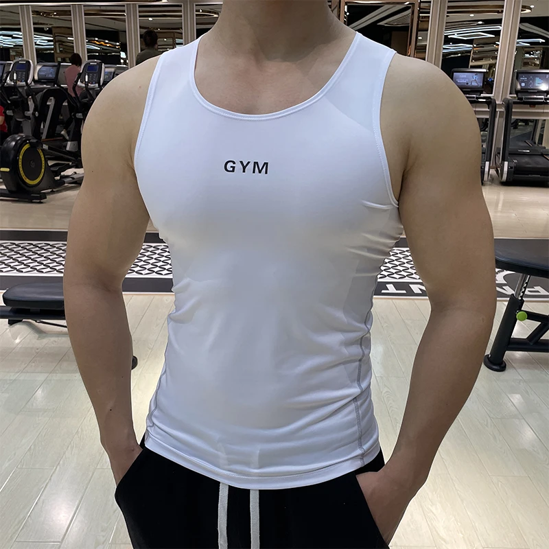 运动背心男透气弹力速干衣跑步健身训练无袖紧身衣字母跨栏打底衫