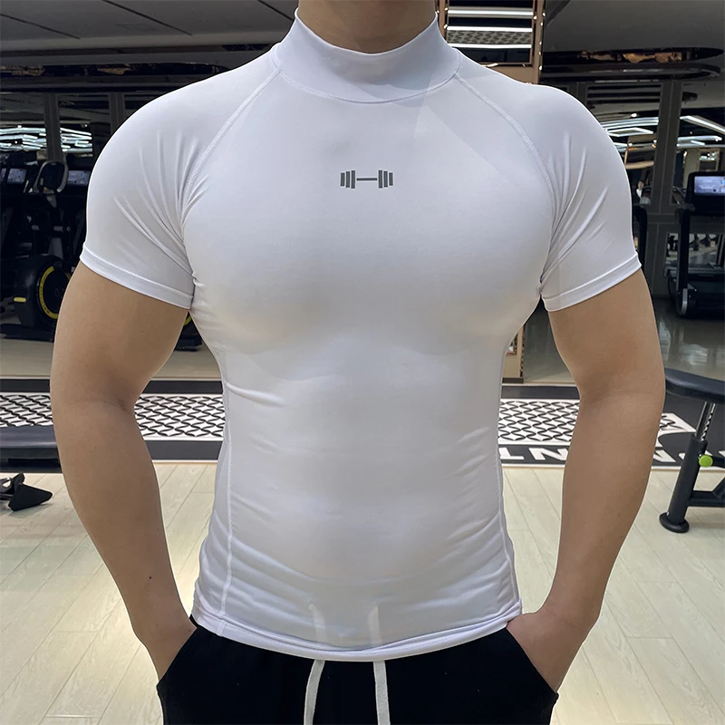 高领紧身衣男运动修身短袖透气弹力速干T恤健身短袖训练服打底衫