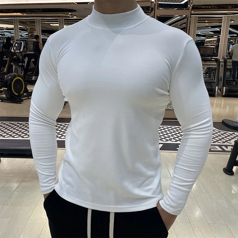秋冬美式德绒保暖修身半高领长袖男跑步训练服运动T恤纯色打底衫