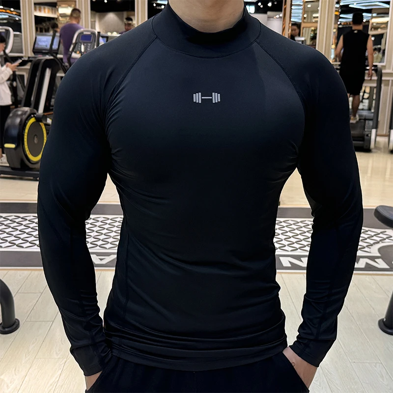秋季半高领紧身长袖男透气弹力速干衣跑步健身训练服晨跑骑行上衣