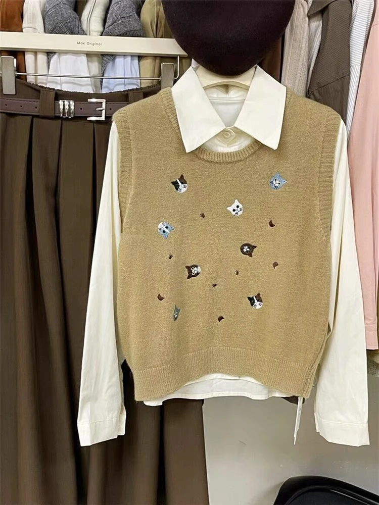 圆领针织马甲女韩版减龄叠穿休闲毛衣背心小猫咪绣花上衣