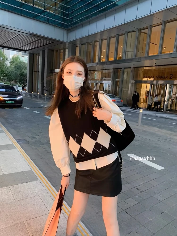 经典黑白格子针织马甲女春秋叠穿学院风毛衣背心女不起球圆领坎肩