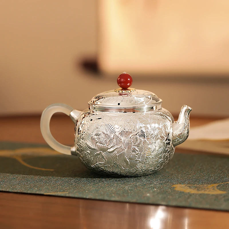 银歌工坊 缠枝莲花足银999泡茶壶纯手工錾刻功夫茶具家用银茶壶