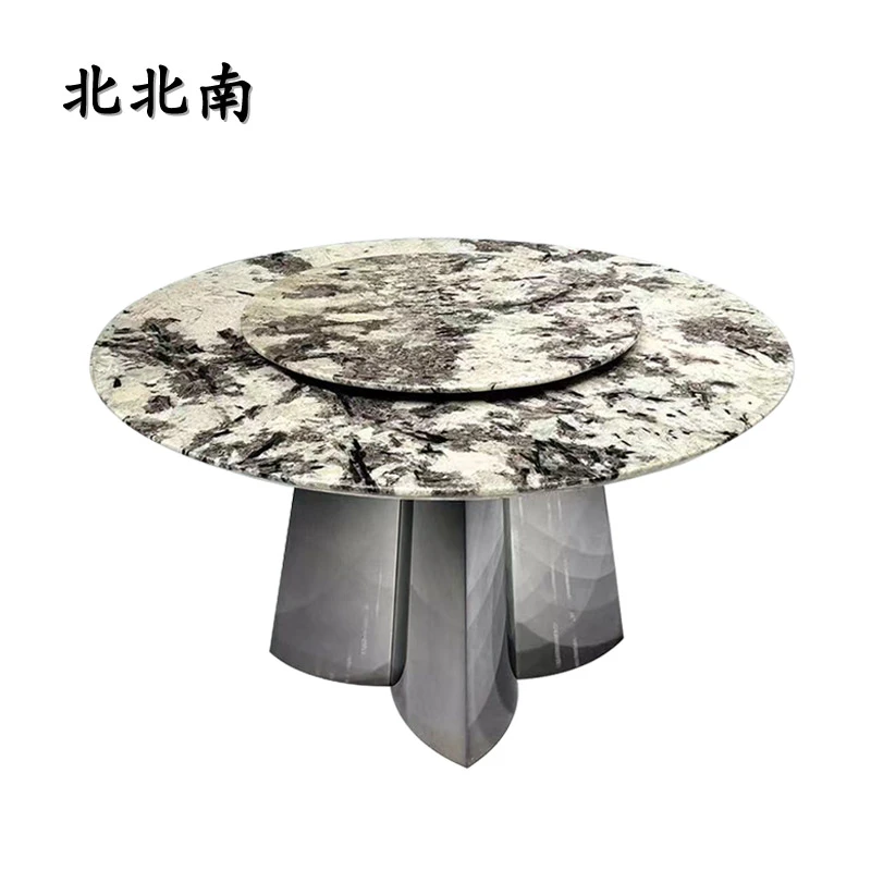 雪山飞狐天然奢石餐桌意式极简家用奢石圆形不锈钢餐桌椅简约