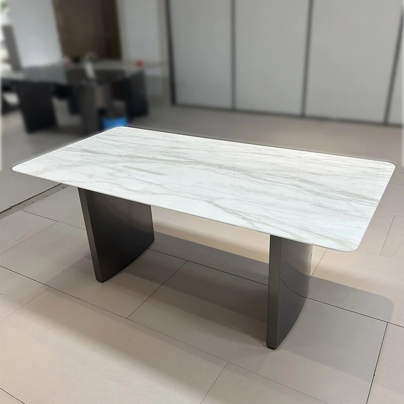 意式简约现代轻奢天然奢石大理石餐桌家用长方形不锈钢餐桌椅北欧