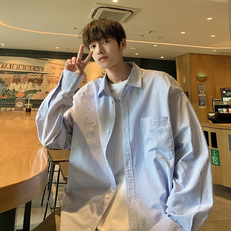 日系cityboy浅蓝色线条长袖衬衫男春季青少年基础款宽松衬衣外套