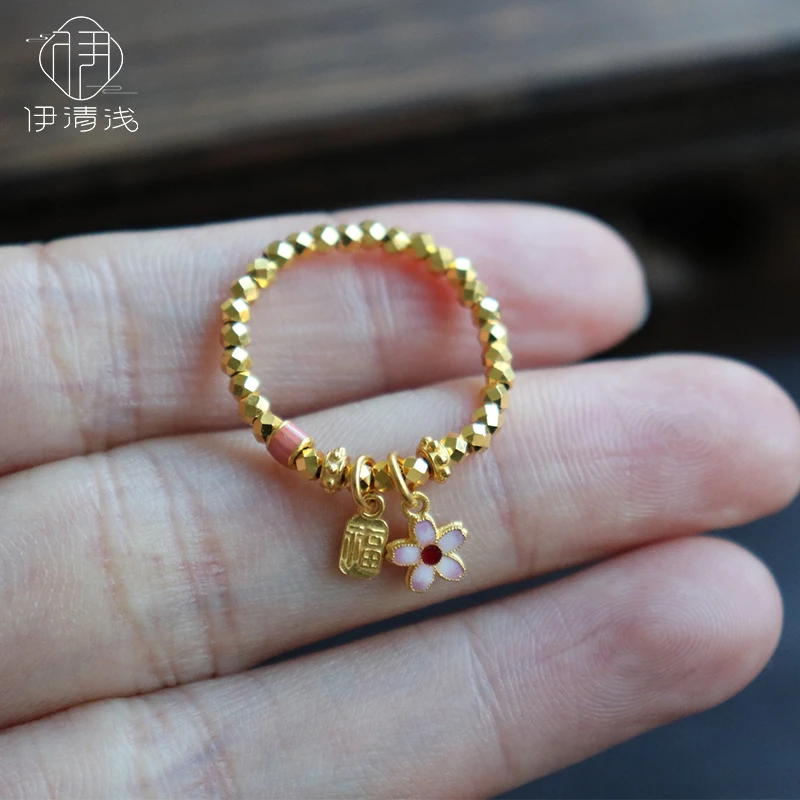 【花开福贵】999足金蹦迪珠樱花烧蓝戒指本命年礼物真金纯金首饰