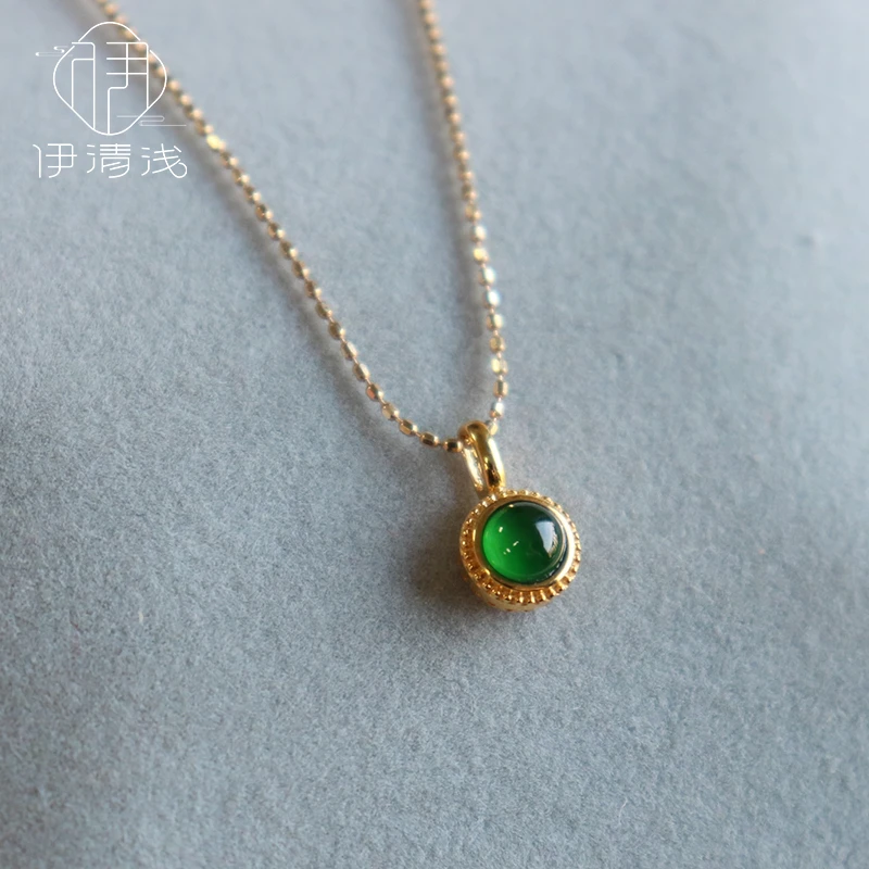 【阿奶同款翡翠小绿蛋】伊清浅高冰种正阳绿18K金镶嵌锁骨链吊坠