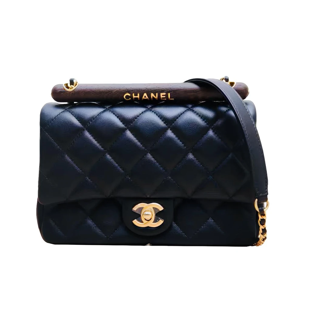 99新 Chanel/香奈儿 23A木手柄单肩包芯片款大全套23年7月票黑色