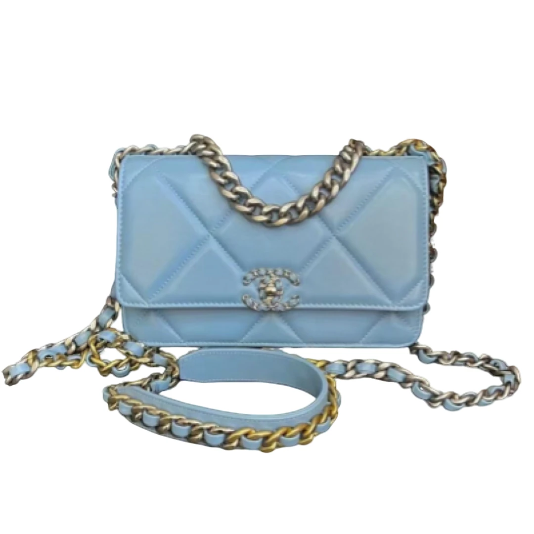99新 Chanel/香奈儿 淡蓝银19bag woc斜挎包单肩包芯片款