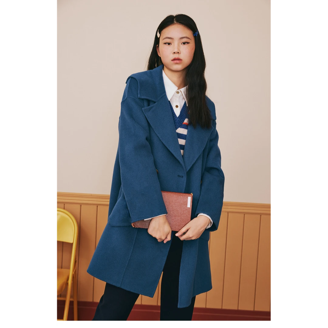 PSALTER诗篇气质双排扣蓝色冬季简约时尚双面呢外套6C33580068