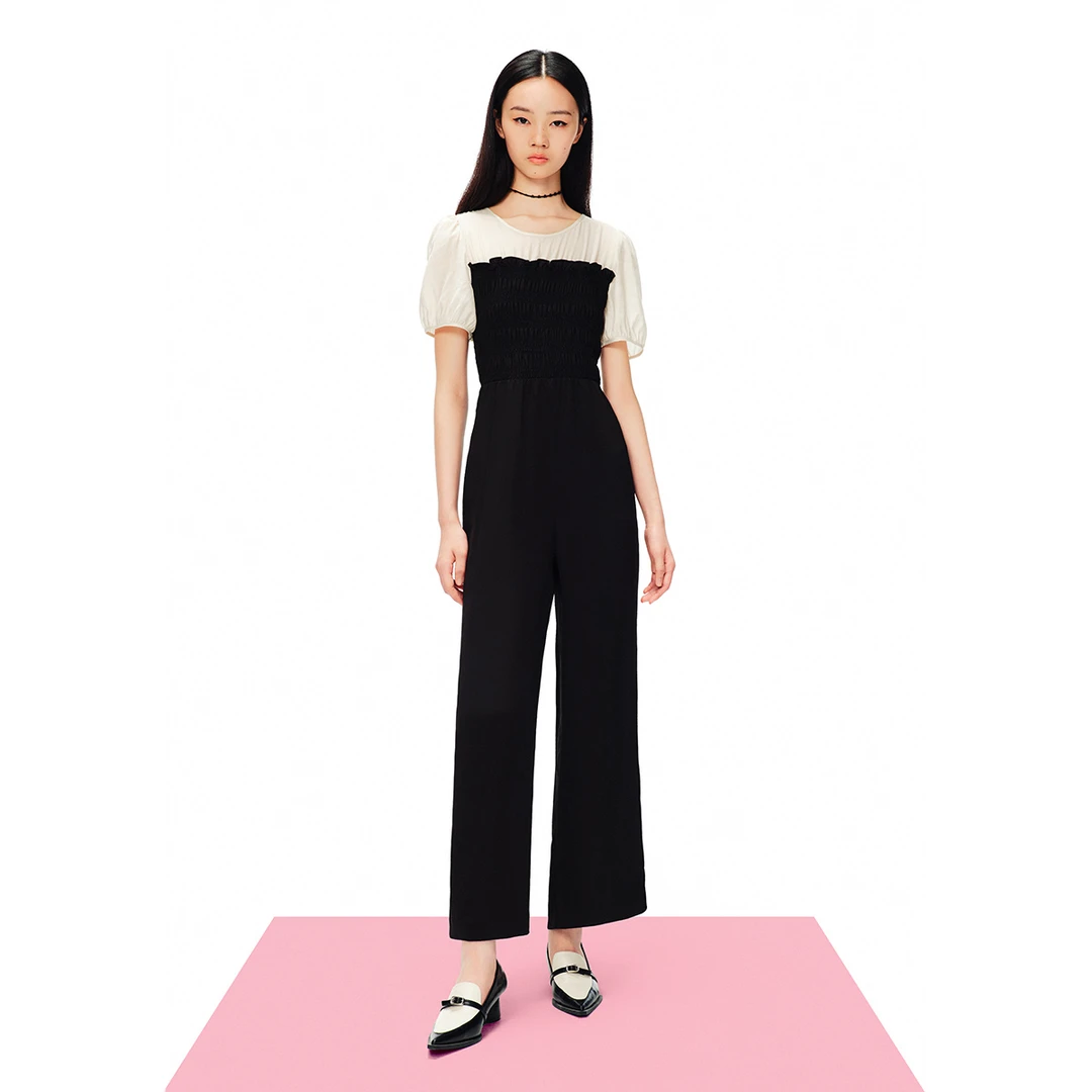 【三醋酸】夏季黑色清透感显瘦撞色拼接醋酸修身连体裤AC64202010