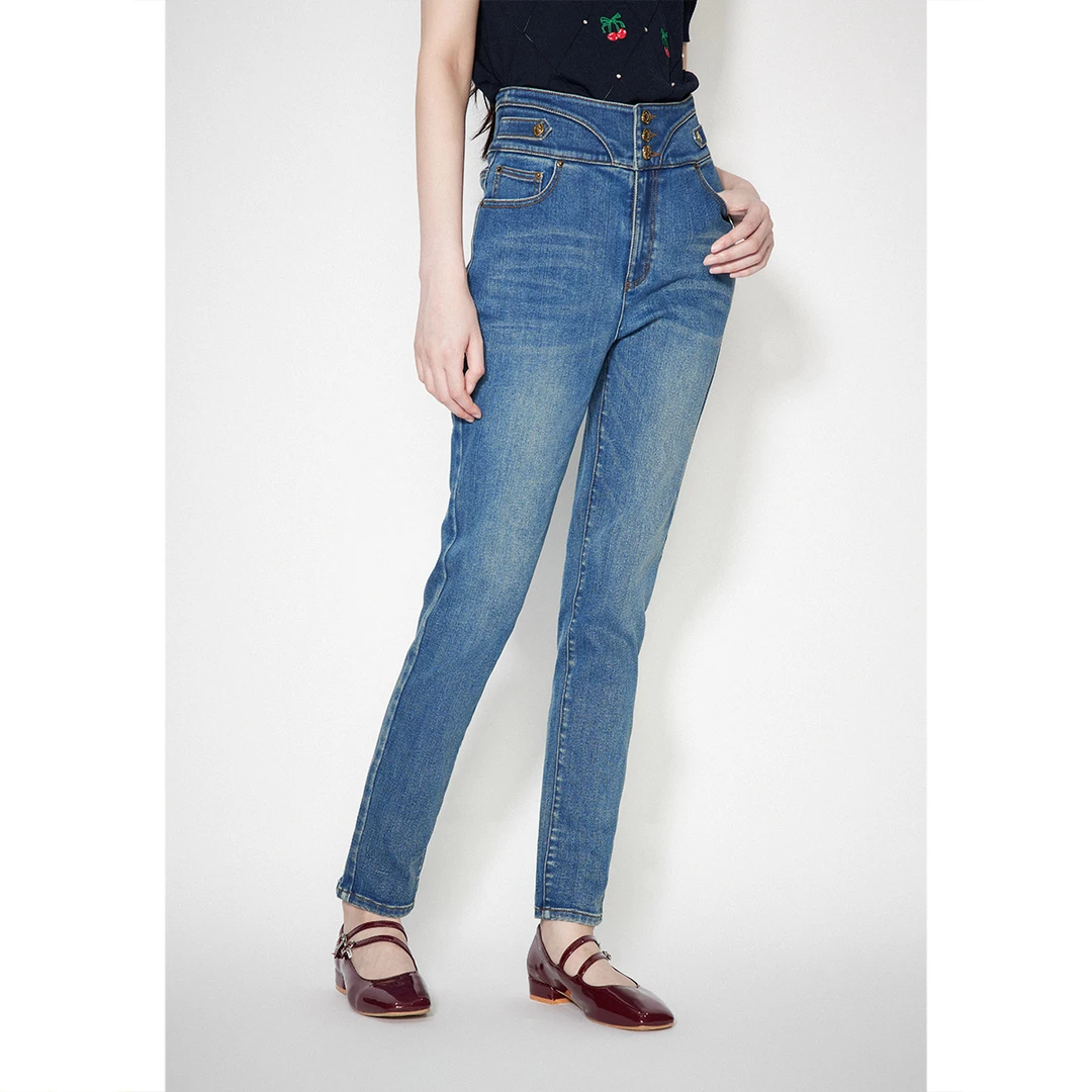 SALT.P可颜 2024年秋季新款复古时尚蓝高腰小脚牛仔裤AC64320030