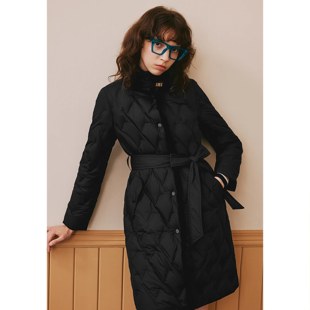 【90白鹅绒】诗篇 保暖立领过膝收腰冬季时尚羽绒服6C63508093