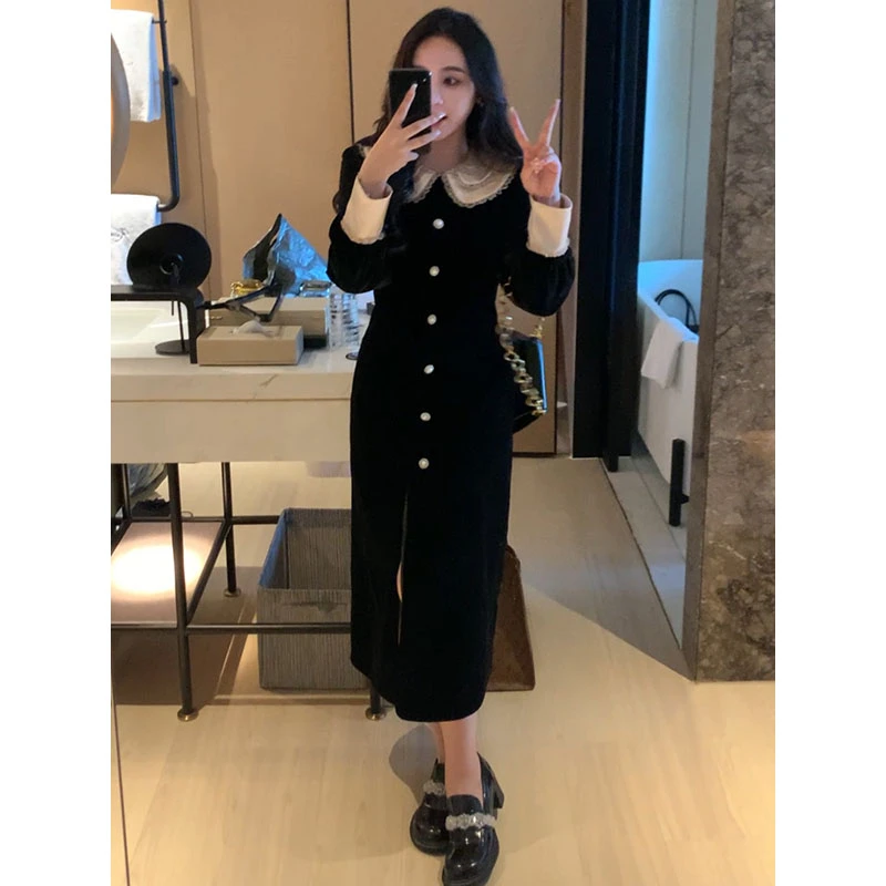 XINYI 【冬日告白】娃娃领丝绒连衣裙女XA238082