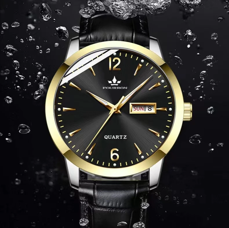 3手表男士双日历夜光真皮皮带时尚简约数字男款防水腕表3