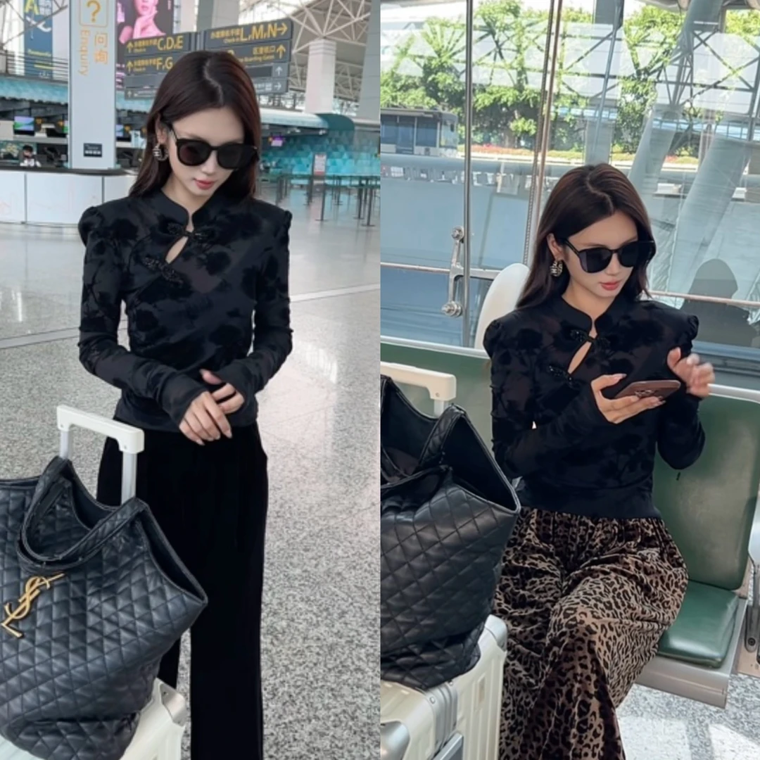 韵诗服饰-植绒网纱气质新中式国风盘扣立领显瘦长袖上衣 400034