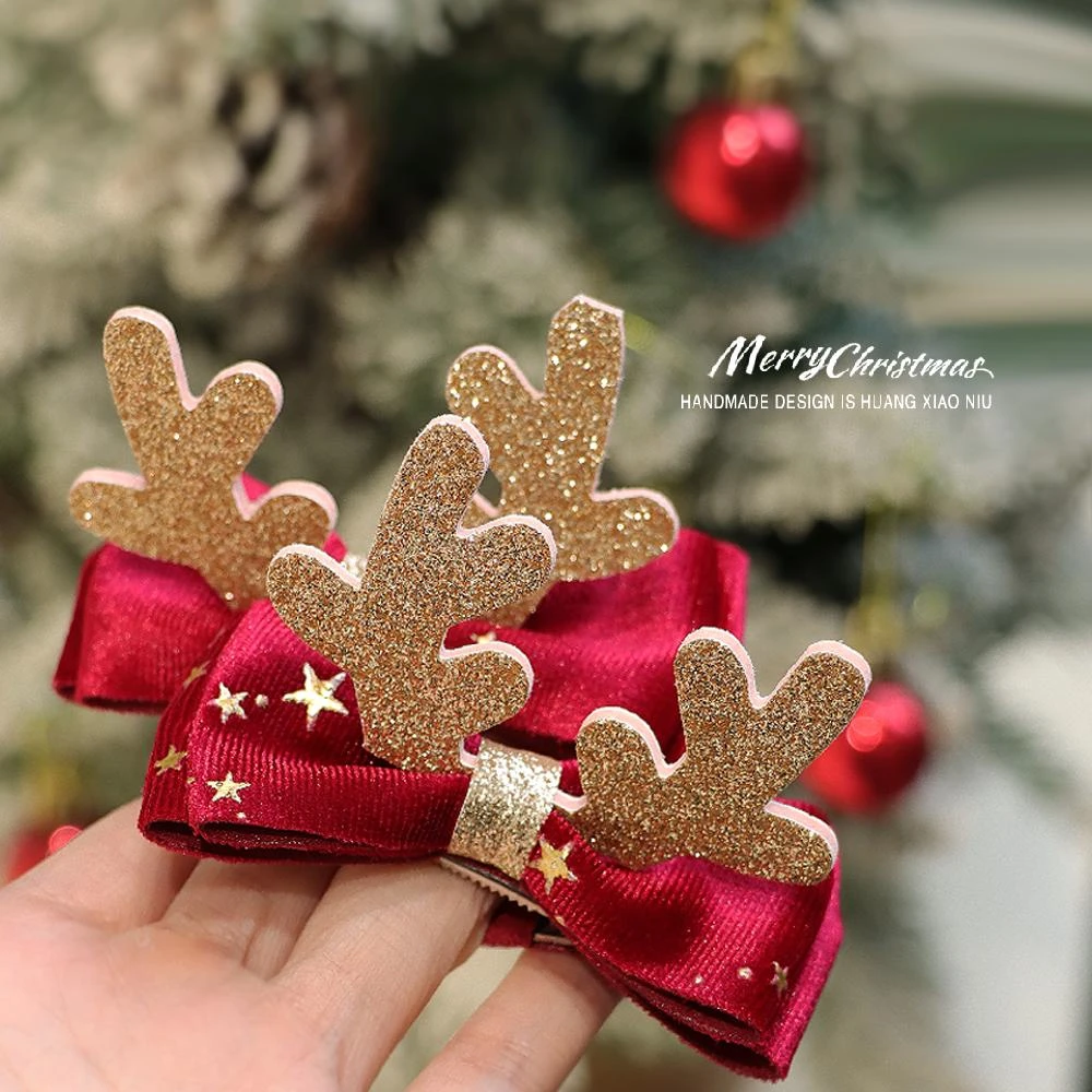 黄小妞圣诞儿童发夹 红色毛球宝宝可爱蝴蝶结立体对夹发卡