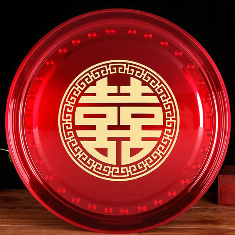 2个铁质茶盘托盘红色圆盘敬茶盘圆形铁盘结婚圆盘婚礼果盘百合盘