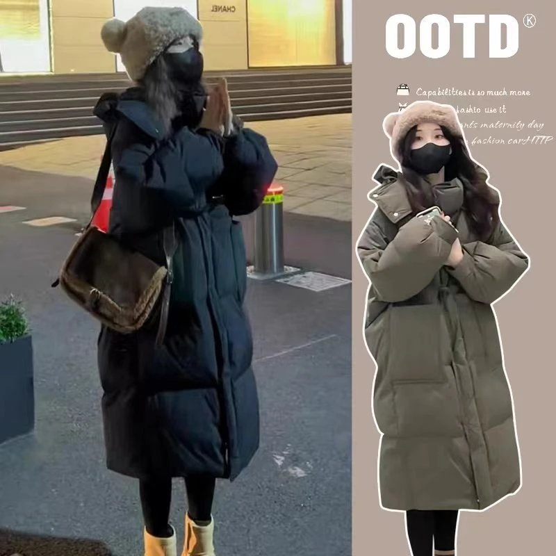 孕妇装外套秋冬外穿韩版连帽棉服小个子加厚中长款过膝面包服棉衣
