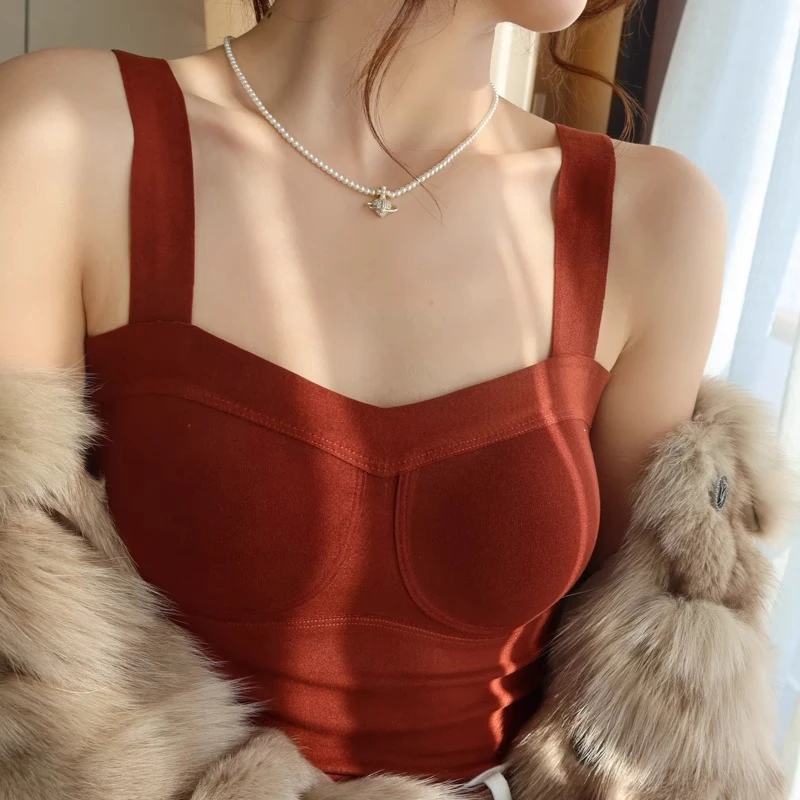 红色德绒保暖背心女2025秋冬带胸垫内衣内搭美背本命年吊带上衣