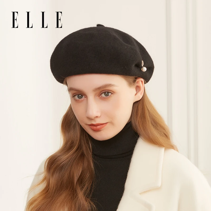 ELLE贝雷帽秋冬女洋气百搭优雅复古大压褶造型保暖帽子21WE14001