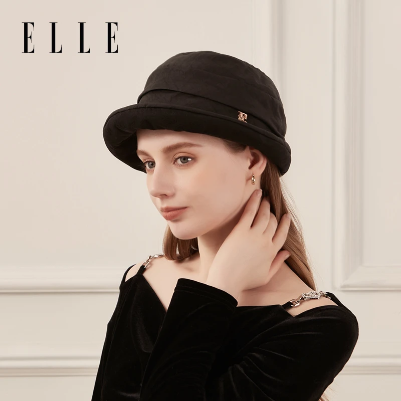 ELLE香云纱帽子女秋冬复古百搭气质桑蚕丝加绒保暖礼帽A34WE16024