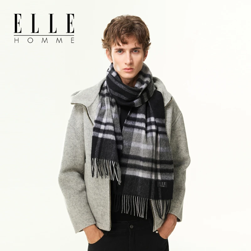 ELLE HOMME100%纯羊毛围巾男士秋冬季保暖百搭格子格纹情人节送礼
