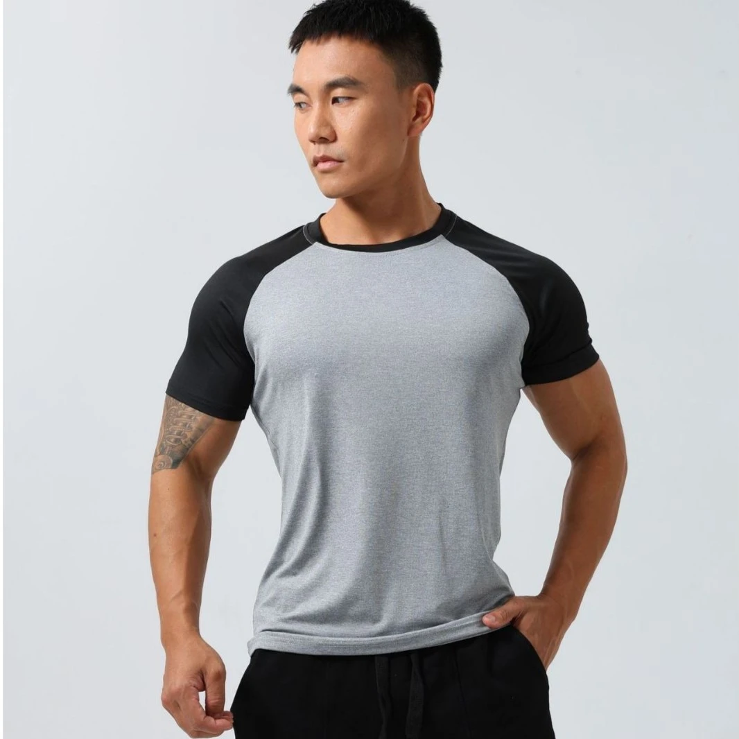 夏季男士运动休闲修身吸汗短袖拼接透气圆领肌肉潮流户外健身跑步