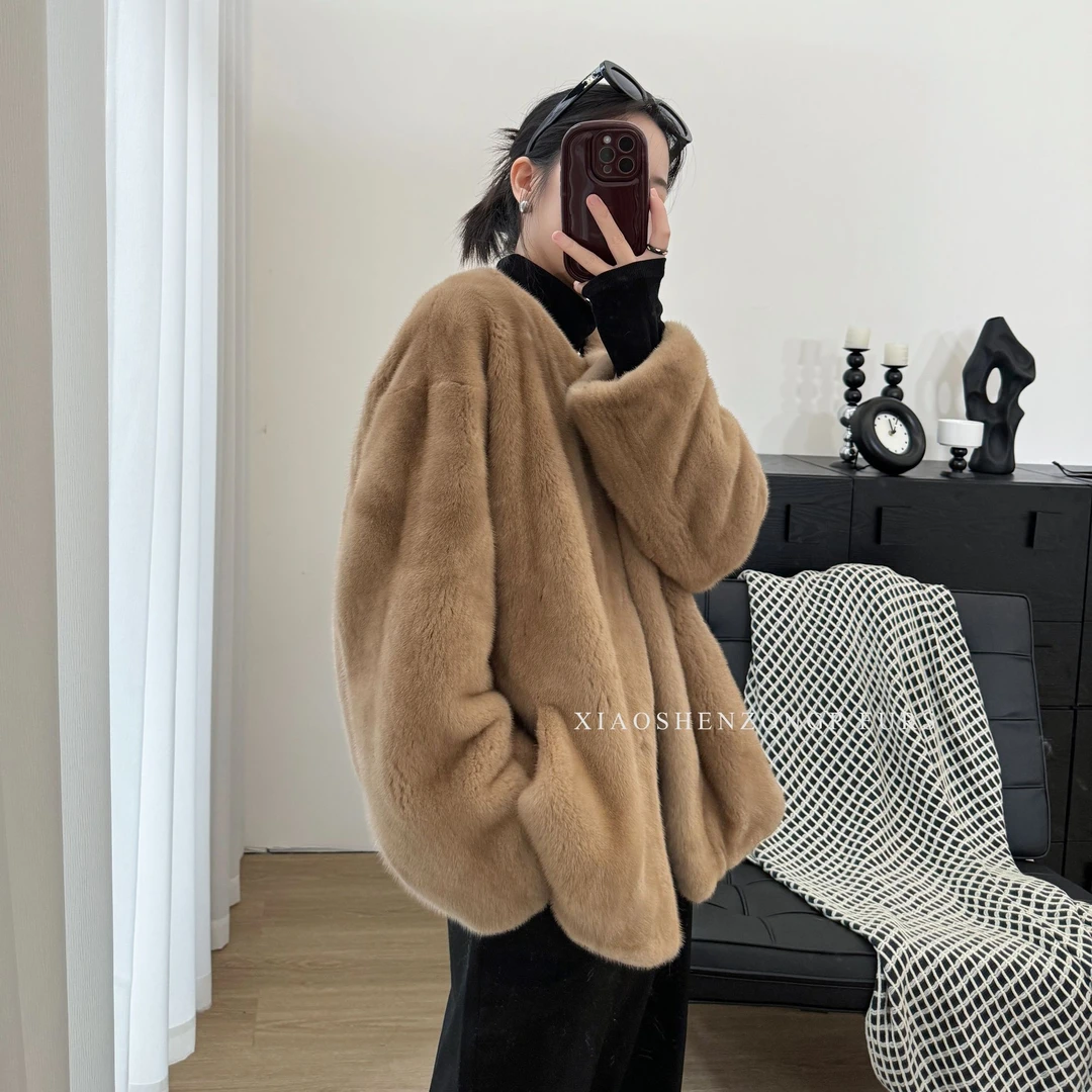 新款进口短二天鹅绒圆领整貂女貂皮大衣水貂外套3158