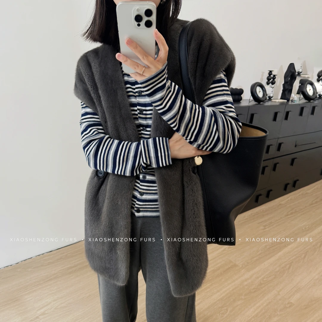 新款进口水貂V领马甲背心整貂女貂皮大衣外套3157