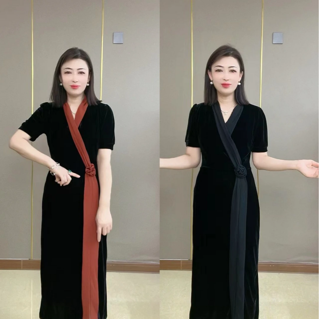 FENGJIE2024新款丝绒时尚气质显瘦半袖连衣裙2727前襟在右面