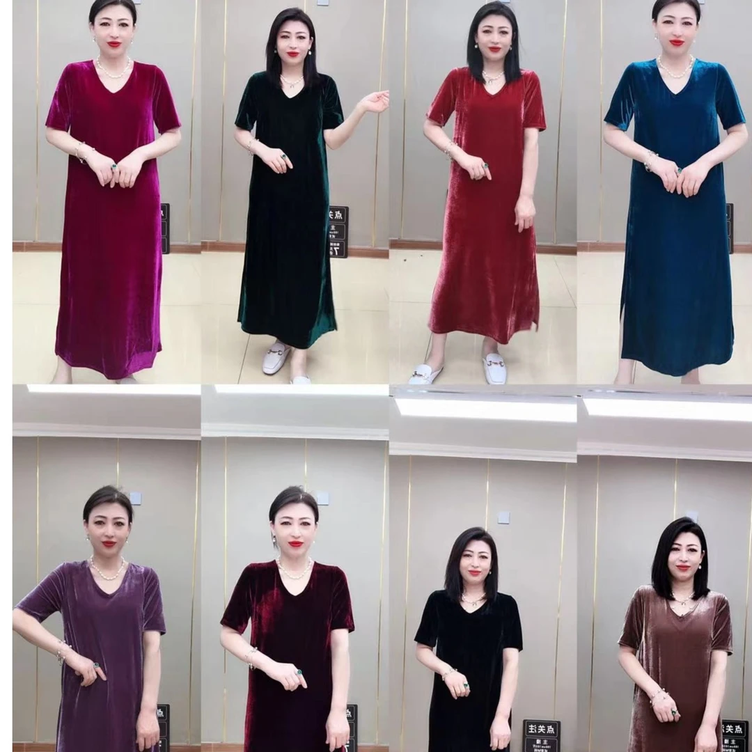 FENGJIE断码清货春夏超显瘦连衣裙新款丝绒时尚气质半袖长裙135-1