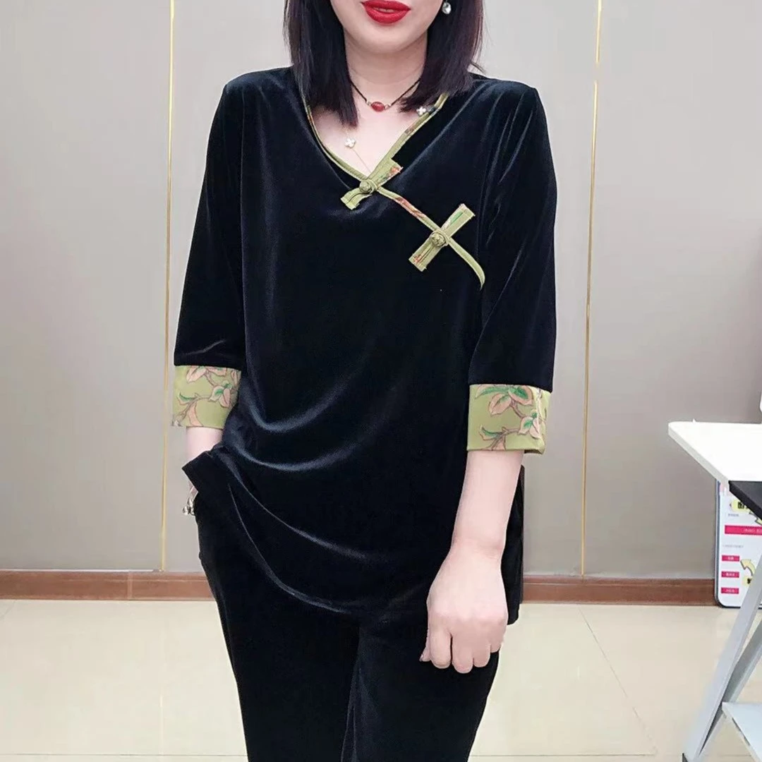 FENGJIE新款丝绒国风时尚中式套装宽松显瘦气质款七分袖八分裤231