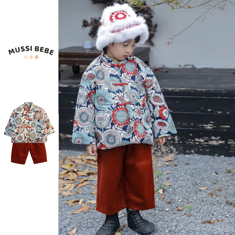 太阳花/秋冬男童汉服儿童拜年服宝宝冬款唐装红色中式棉服国风
