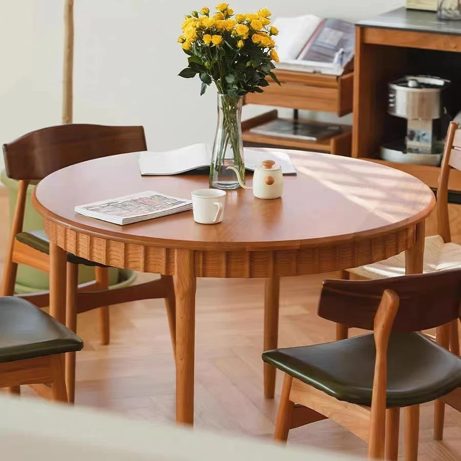 瑕疵品达杰实木樱桃木集美圆桌家用圆形餐桌日式原木色
