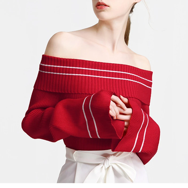 红色针织衫气质长袖新款露肩一字领针织衫上衣女长袖修身打底衫女