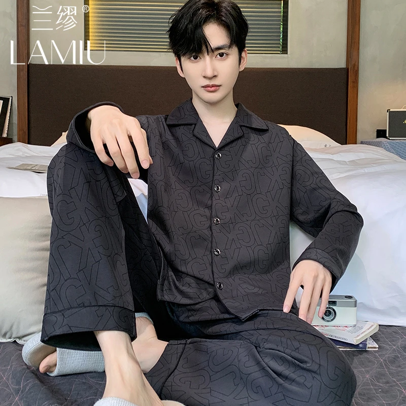 纯棉睡衣男春秋冬季2024新款薄款长袖套装加大码宽松可外穿家居服