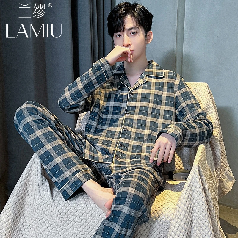 睡衣男士纯棉长袖春秋冬季薄款夏天可外穿家居服全棉格子大码套装