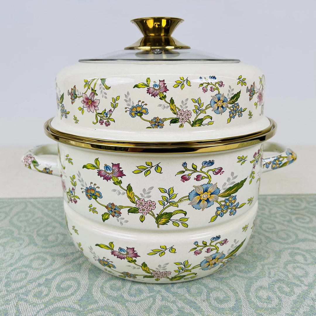 26cm珐琅双耳搪瓷金边芳香双层蒸锅可视盖汤锅电磁炉燃气灶通用