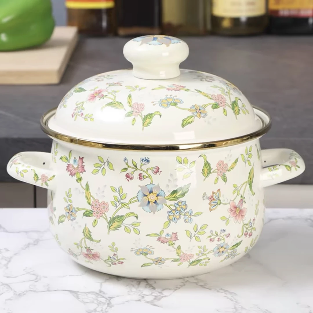 珐琅金边芳香系列搪瓷盖炖锅猪油罐家用双耳汤锅（不挑灶具）