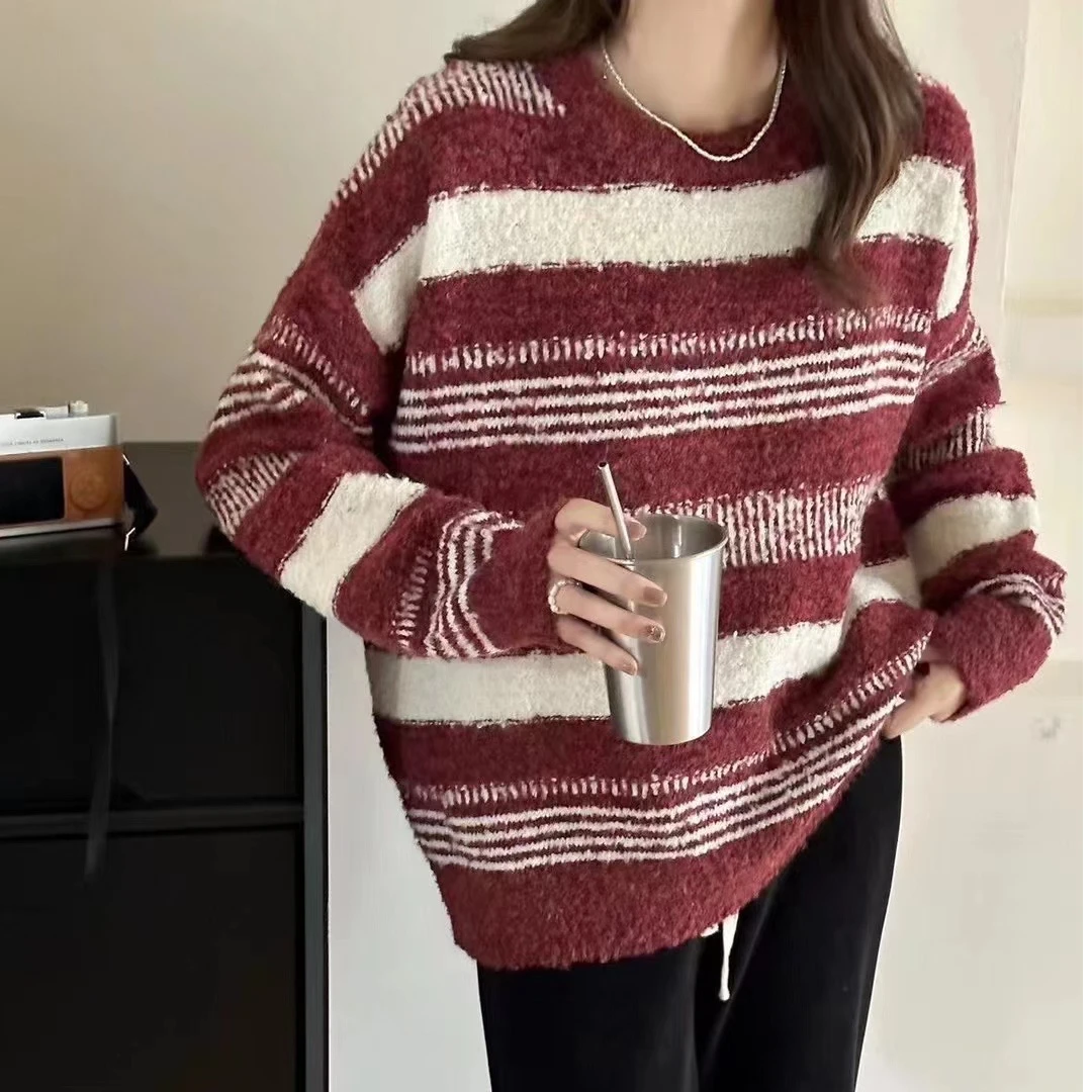 【梓清】【500-549】百搭网红上衣女装时尚复古红色宽松条纹慵懒风