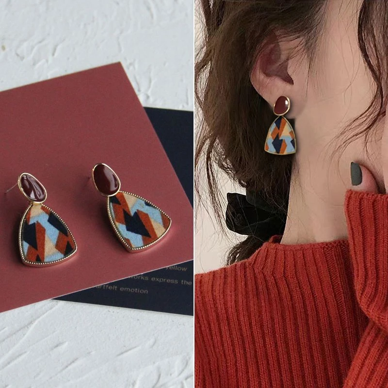 铜合金耳饰 小众滴釉几何彩色拼接豹纹秋冬绒布耳钉高级感气质