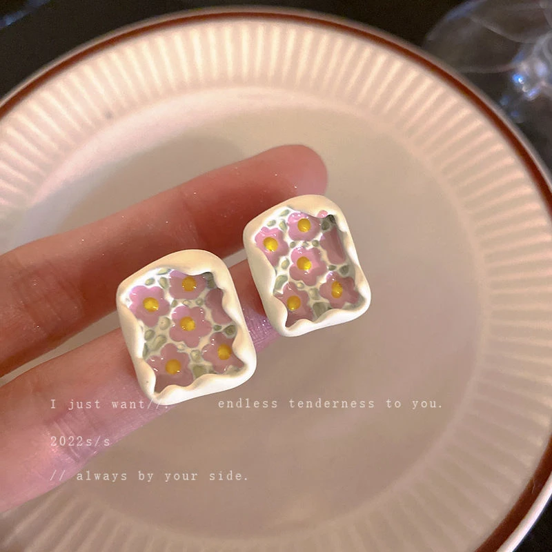 复古小众不规则花朵方形耳环小清新简约耳钉耳坠个性女