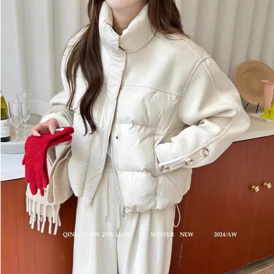 【艾美日记】立领毛呢拼接棉服女2024冬季新款时尚设计感显瘦外套女