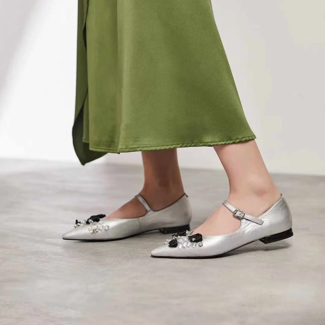 C1078 银色  高端时尚低跟尖头气质玛丽珍浅口女单鞋