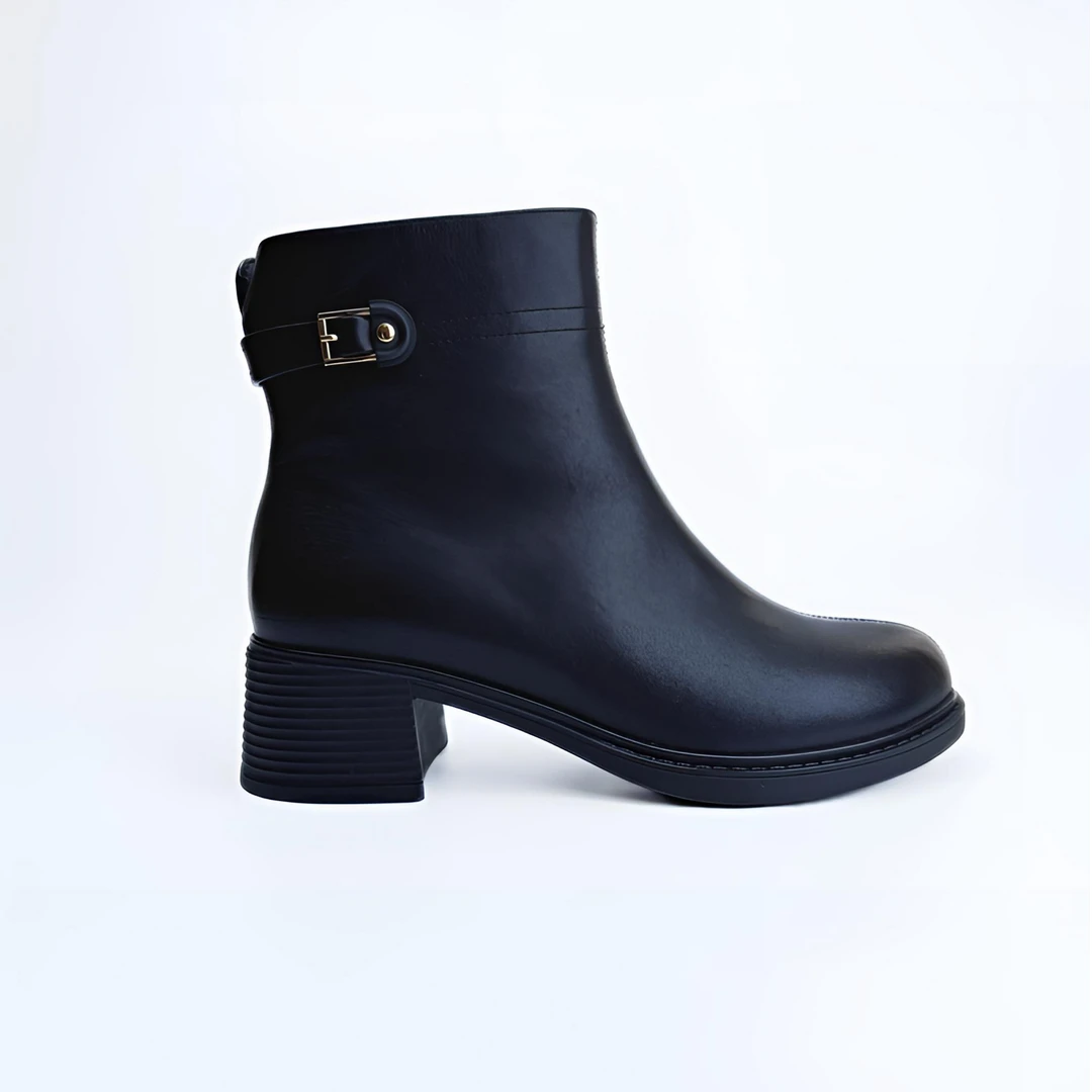 KANGNAI/康奈11138421真皮粗跟黑色百搭冬季加绒保暖女时装靴