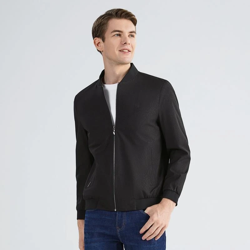 柒牌行政夹克外套男士秋季商务棒球领宽松中年黑色长袖飞行茄克男