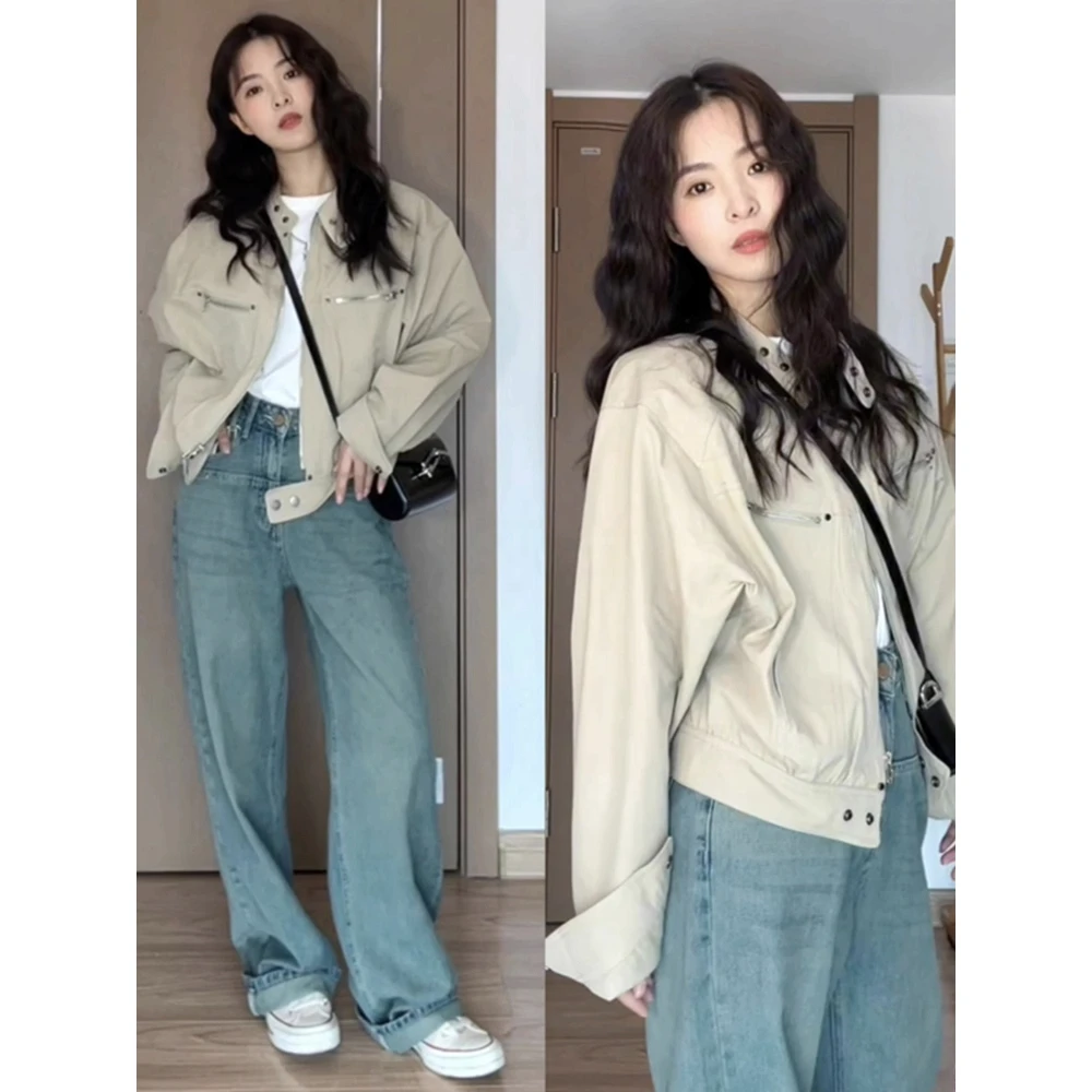 美式复古卡其色冲锋衣外套女秋冬松弛感穿搭工装夹克短款慵懒风