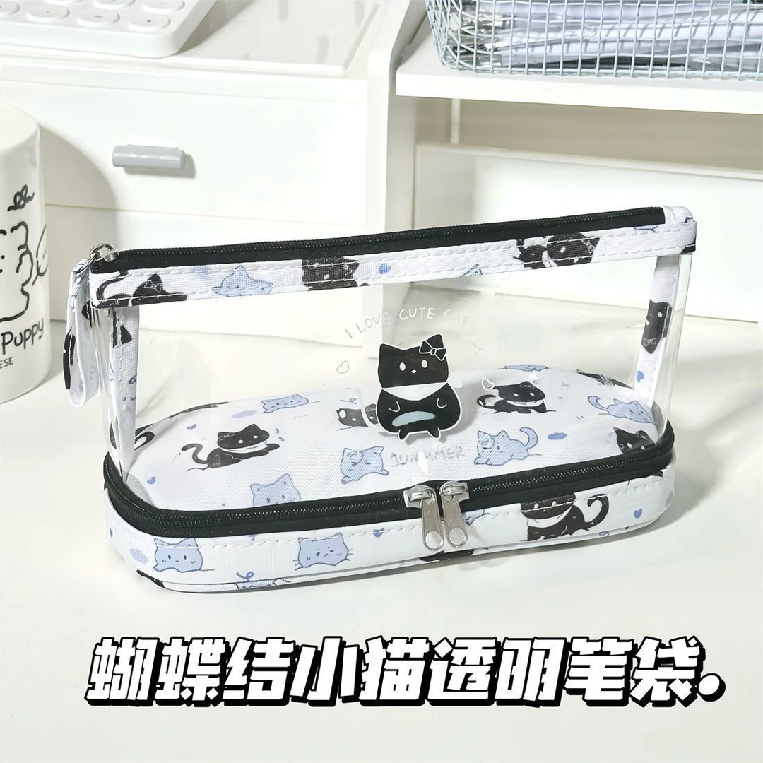 【透明雪地小猫】简约高颜值笔袋学生文具盒大容量桌面化妆品收纳袋